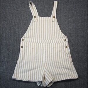 Hollister Linen Blend Short Overalls Womens M Ivory Beige Striped Coastal Beachy